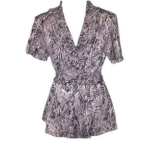 Floral Black White V-Neck Cinched Waist Retro Pinup Rockabilly Blouse S